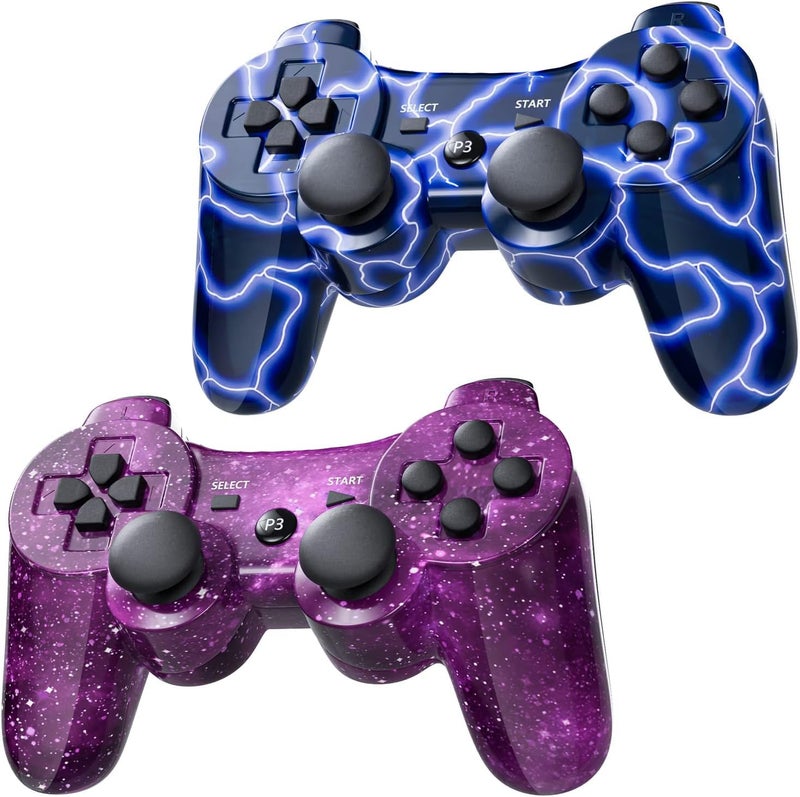 Burcica Wireless Controller for PS-3 Motion Sense Double Vibration Upgraded Gaming Remote for Play 3 with Charging Cord (Blue+Purple) - Image 1